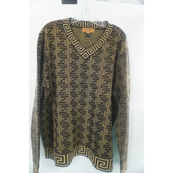 Prestige Black Gold Metallic Greek Key Geometric V-Neck Cardigan Sweater Sz 2XL - Picture 9 of 12